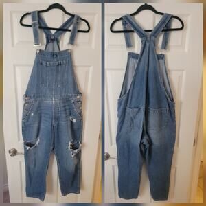 GAP Denim Overalls Women L Large Bib Slouchy Distressed Casual Blue Jean Y2K 90s